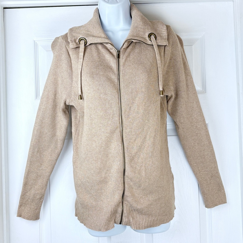 Liz‎ Claiborne Tan Ribbed Full Zip Mock Neck Cotton Sweater Women's Medium